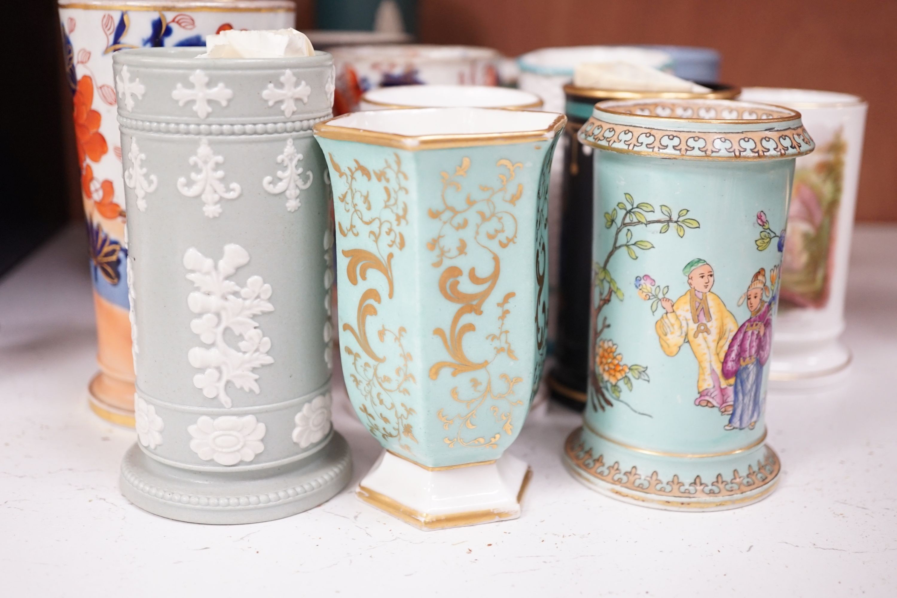 Eighteen various Victorian ceramic spill vases, including Masons and Dudson, tallest 16cm.